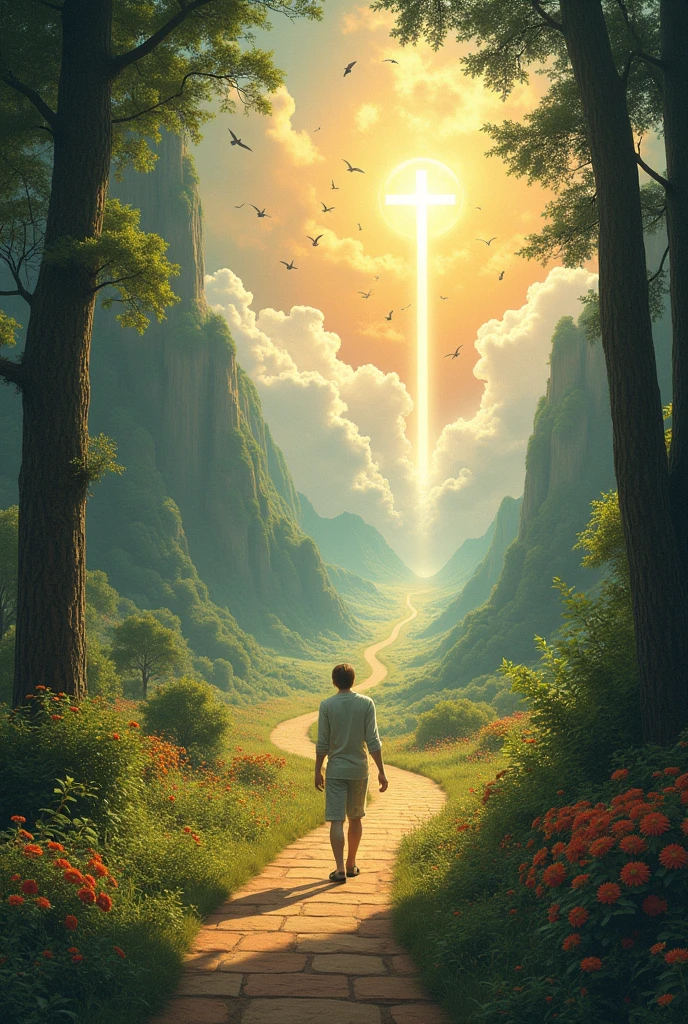 a person walking on a beautiful path, comprido, with many flowers, Trees, floor, birds. At the end of the path there is heaven with a cross, clouds and a big lion.