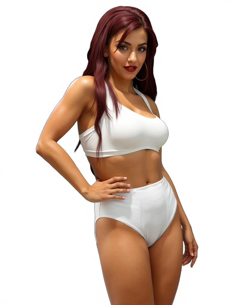 (masterpiece, best quality)), ((((perfect anatomy)))), Curvy Latina with long red hair, dark eyeshadow, dark red lipstick, white bra, (((big white hanes cotton panties))), (((photo realistic)))