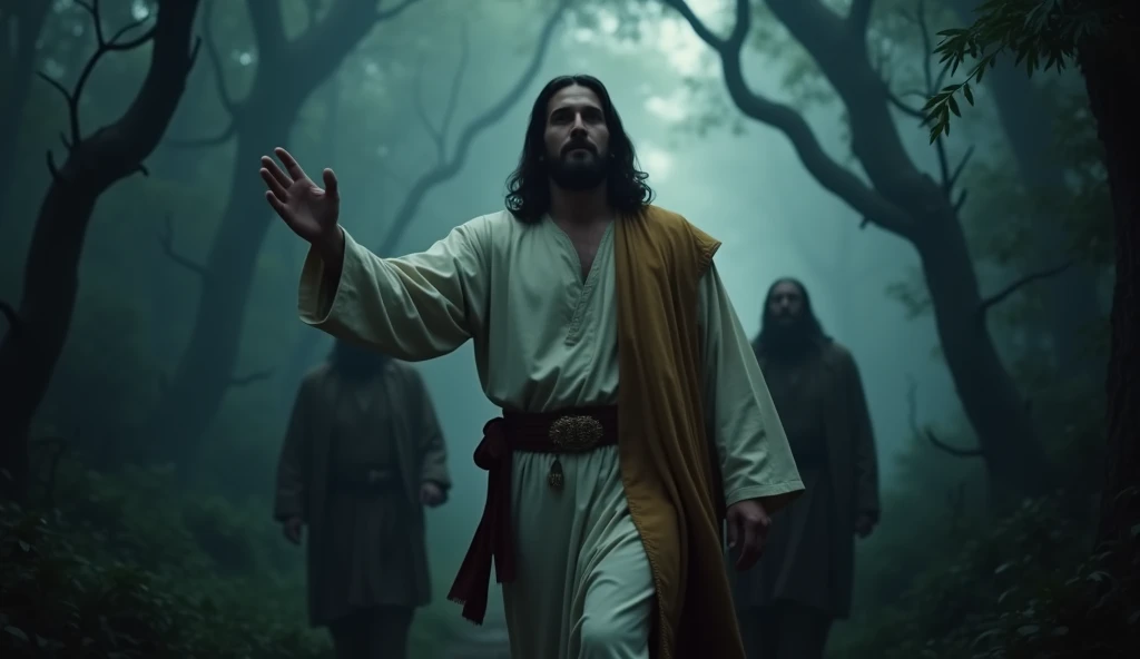 A realistic 8K cinematic image of Jesus crossing dark valleys with a confident and protective look, looking straight ahead while protecting a group of people right behind him. Jesus is looking straight ahead with his hand outstretched inviting you to trust him. People are clinging to Jesus, seeking security in the midst of a dark and mysterious scenario. The setting features a spooky forest with twisted trees and shadows, creating an atmosphere of mystery and danger. The image should be half-length, highlighting Jesus as a guide and protector, conveying a feeling of security and faith. It must be an image that only appears from the waist up of Jesus, as if he were very close to the camera. Close up. Perfect composition. This scene must be stunning, perfect for a YouTube thumbnail that intrigues viewers about Psalm 23.