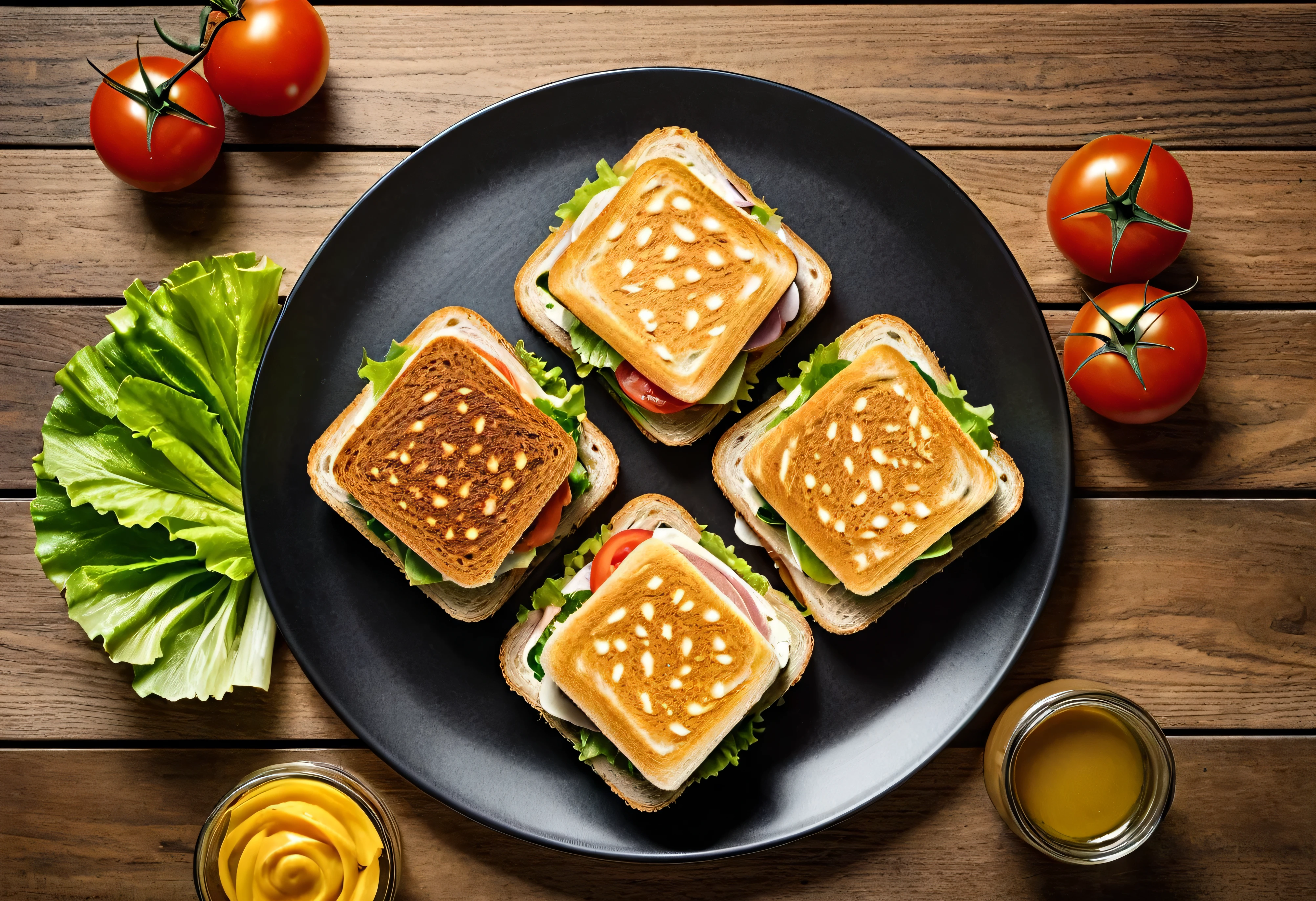 Generate a highly detailed and visually appealing top-view photo of a single plate of sandwiches placed on a round wooden table. The sandwich should be neatly arranged on the plate, with fresh ingredients like lettuce, tomato, cheese, and layers of meat or vegetables visible. The table has a rich, natural wood texture that adds warmth to the composition. The photo should be taken with a diagonal composition, where the plate is positioned at an angle, leading the eye across the frame. The lighting should be soft and natural, casting minimal shadows, and highlighting the freshness and vibrant colors of the sandwich. The overall mood should evoke a sense of appetizing simplicity, perfect for a food photography setting.