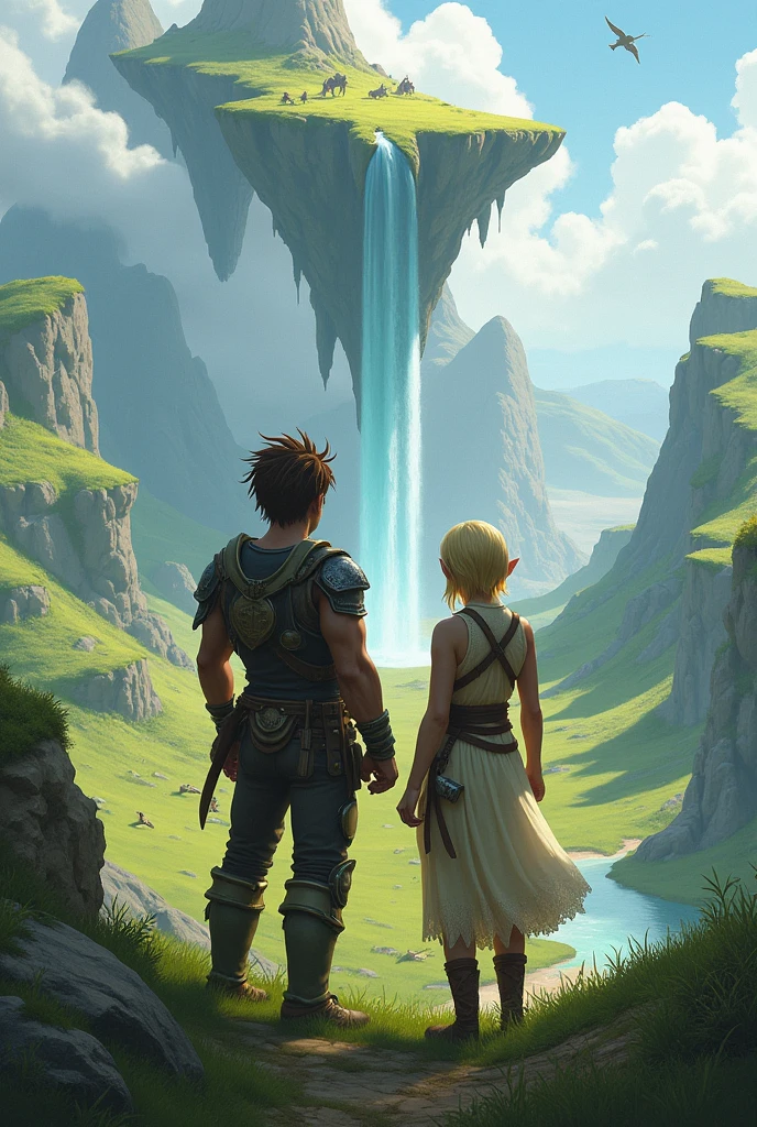(uhd, masterpiece, anatomically correct, textured skin, super detail, high details, best quality, highres, 8k), Two adventurers standing on a grassy cliff, The man is wearing light armor, Brown Hair, Hair that stands on end, Elven women wear sleeveless dresses and , Blonde, Short Bob, Stand next to a man, Turning your back on the viewer, I can&#39;t see your face, The plain below the cliffs, Looking Down, Mr.々A land where fantasy creatures live, A waterfall flows down from a giant rock suspended in the air.