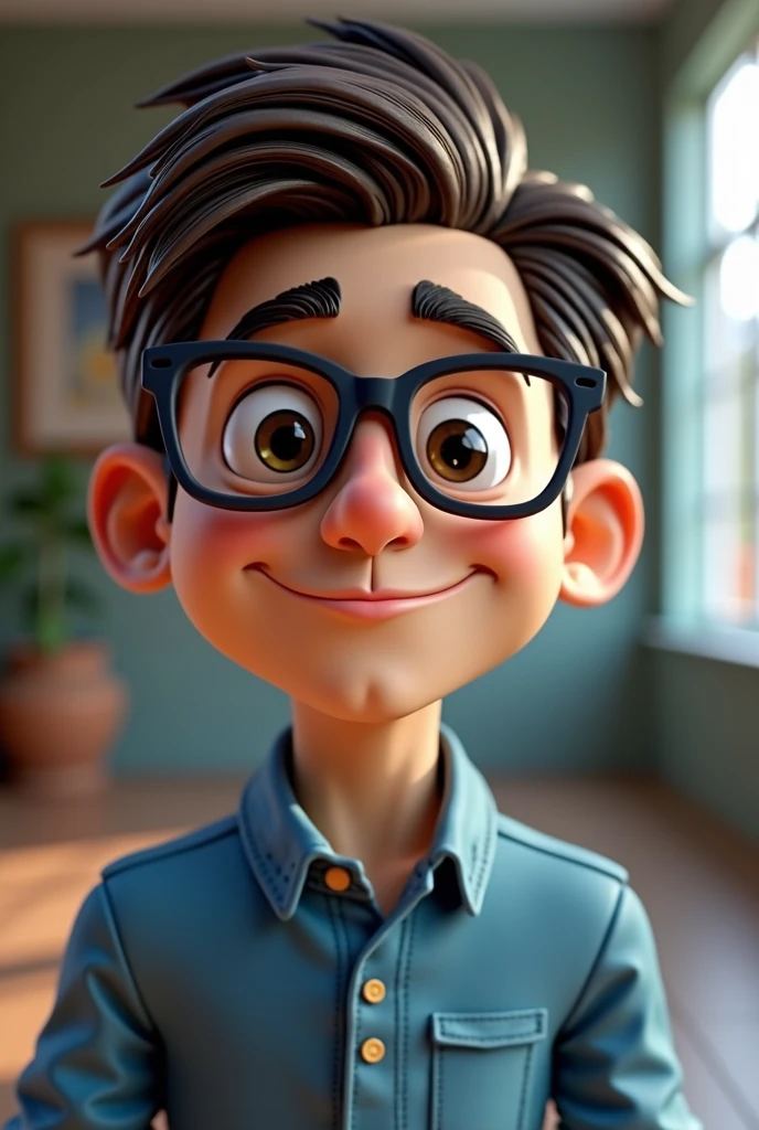 Cartoon character of a man wearing black glasses and a blue shirt, um personagem animado, Caractere estilizado, animation style rendering, 3D estilizado, Arnold Maya render, 3 d render stylized, toon render keyshot, Personagem 3D, Personagem 3D, 3d rendering stylized, 3 d character render, personagem de desenho animado, Personagem de close up, Pose de personagem, (Estilo Pixar) (master part:1.2) (Bokeh) (best quality) (pele detalhada) (textura detalhada) (8k) (argila) (Cinematic lighting) (foco nítido,Senta e vaza a parte superior do corpo