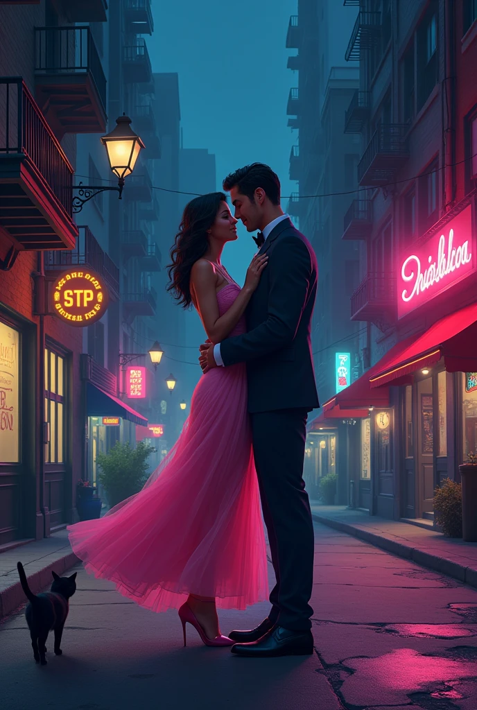 Cat Dating、Night Street Corner、Couple in pink dress and suit