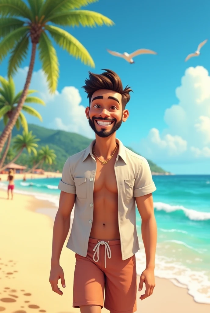 Animated representation of a light-skinned man who is happy on a beach in Cartagena