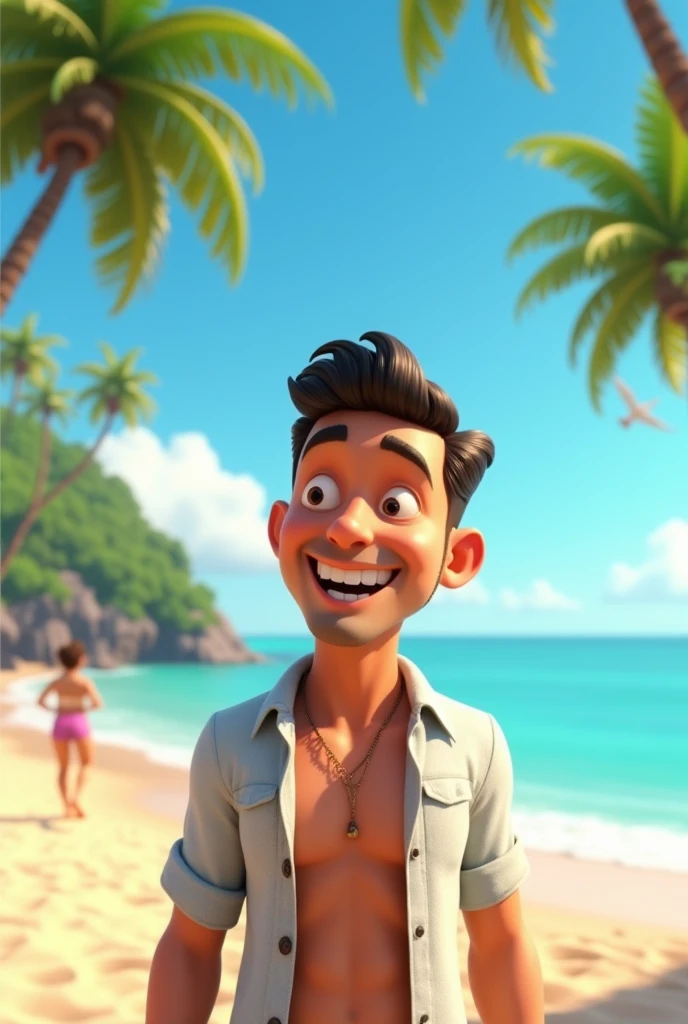 Animated representation of a light-skinned man who is happy on a beach in Cartagena