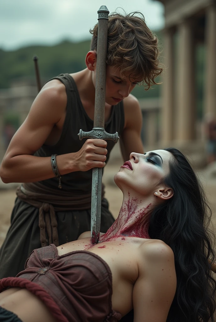 Realism, super quality, action photography style, a defeated woman kneels, her son (12 years) holds the tip of a sword to a woman&#39;s throat, knife stab in the throat, Her head is thrown back strongly.., the woman has a large manly Adam&#39;s apple, (woman - 30 year old warrior, throat slit, gothic makeup, pale skin, long hair) (son is ) ancient greece battle