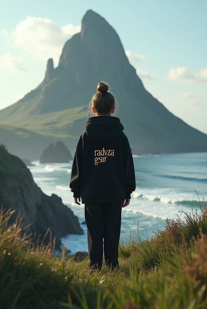 A girl stands on a hill covered with lush green grass, her back facing the camera. He wore a black hoodie that contrasted with the natural surroundings. On the back of his hoodie, there is luxurious, shining gold writing that reads "RADYZA GSR". (The text stands out, as if exuding elegance amidst the serene landscape). In the distance stretches the vast sea with waves breaking on the rocks. You can see a tall mountain rising majestically, seen from the girl's perspective. At the foot of the mountain, standing firmly, there is the writing "STARMAKER" in white, with letters designed with a horror theme, adding to the impression of mystery. The girl stared at the mountain in awe, while her arms stretched towards the sky, as if embracing the majesty of nature that lay before her.