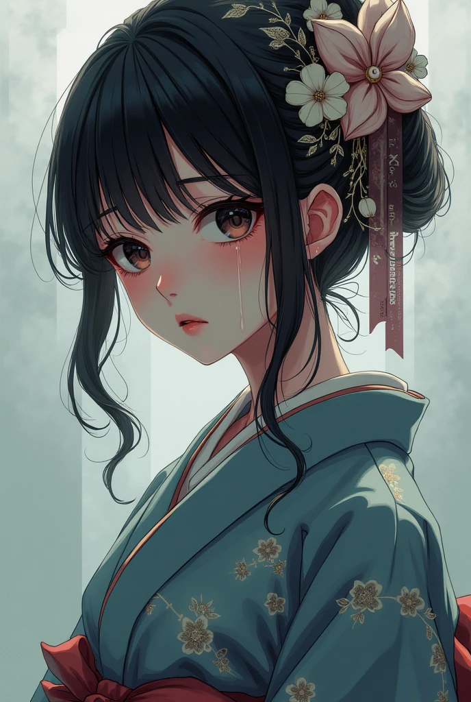 Kimono Beauty、Anime Style、Expressive、bow、Troubled face、Beautiful features、Tears、Sad expression、stamp