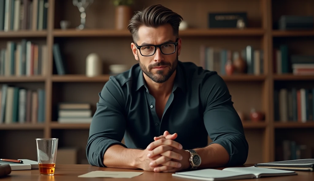 Create a hyperrealistic portrait of a confident, attractive man sitting at a desk. The man has a well-defined, muscular build with strong, masculine features, a short beard, and neatly styled wavy hair. He is wearing glasses and a fitted dark shirt that accentuates his physique. The man is leaning slightly forward with his hands clasped together in front of him, exuding a focused and professional demeanor. In the background, there are bookshelves filled with books and decorative items, and a soft, warm light creates a cozy yet serious atmosphere. A glass of amber liquid is placed on the desk, adding to the scene's realism.