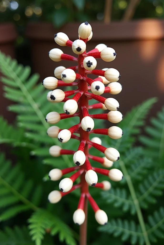 Create an image of Actaea pachypoda, also known as Doll's Eyes, in a serene home garden setting. Showcase the plant with its striking white berries, each with a distinctive black "eye," standing out against the lush green foliage. The berries should be clustered at the top of tall, slender stems, creating a dramatic contrast. Surround the plant with soft, shaded areas of the garden, including ferns or other shade-loving plants, to emphasize its woodland habitat. The lighting should be soft and dappled, mimicking the filtered sunlight that penetrates through a canopy of trees. This will enhance the plant’s otherworldly and enchanting appearance, making the Doll's Eyes stand out beautifully in its natural, tranquil garden setting.