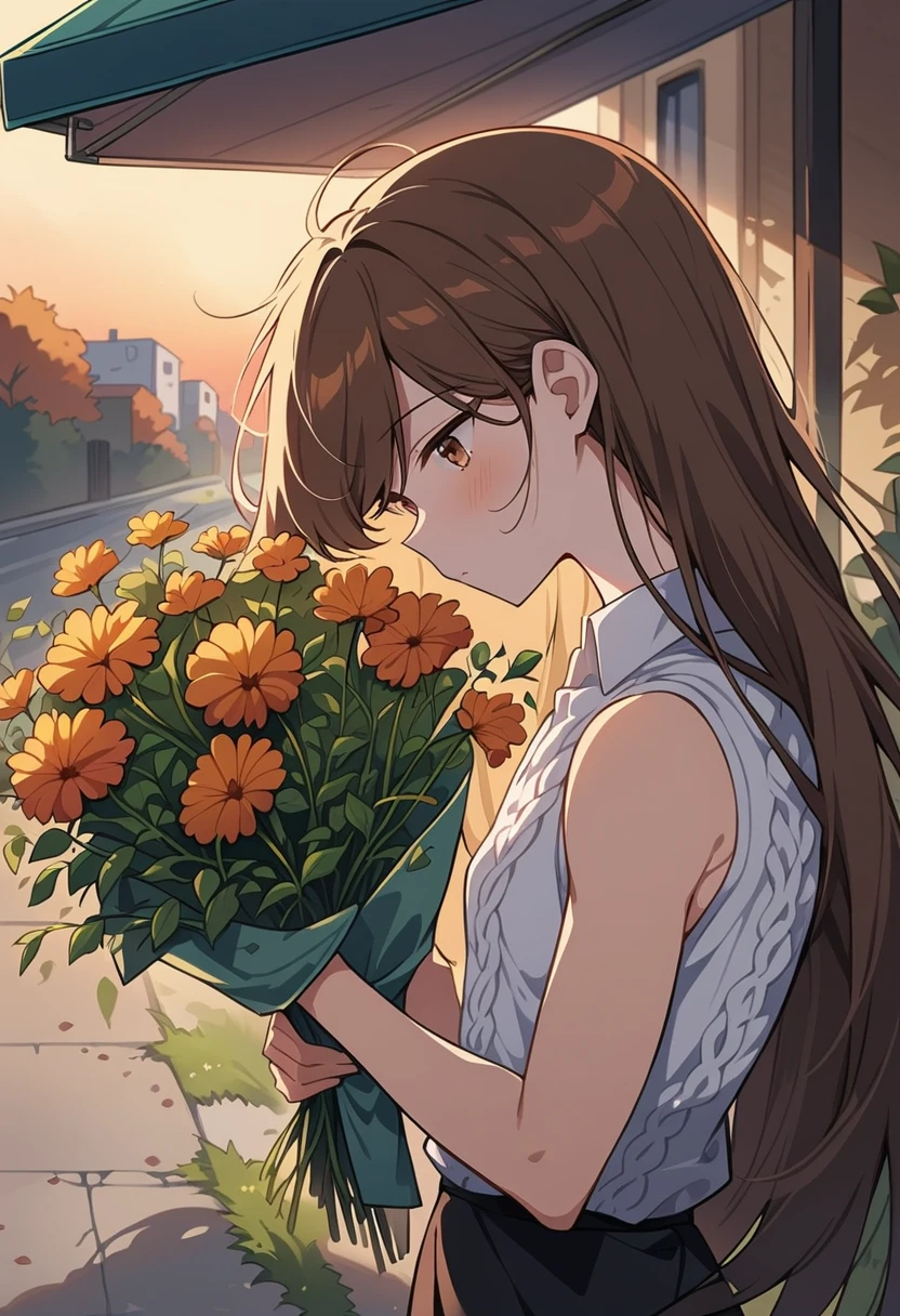 Masterpiece, highres, high Quality, detailed face, close up, from side, smelling bouquet of flowers, street, awning, shade, flowers, head tilt, brown eyes, brown hair, swept bangs, very long hair, oversized sleeveless knitted vest over sleeveless white collared shirt, black skirt, small breasts, toned arms, flowers, sidewalk, weeds, dusk, garden, dusk, falling leaves, autumn, hair blowing in wind,