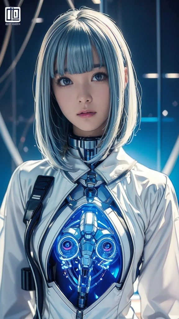 (Highest quality, High resolution, masterpiece:1.2), Very detailed, Realistic:1.37, (Perfect Anatomy),1 person,Cowboy Shot,Full body portrait, Cute and perfectly beautiful Japanese idols, Female Model、Transform into a cute cyborg,, (Glowing blue eyes:1.3), (White bioacrylic body:1.2), Pale Hair, Bobcut, Detailed connection lines, Wires and cables connected to the head, cybernetics, Cyber 3 Inc., Intricate decorative details, The background is the interior of a robotic operating room..,,Monitor screen