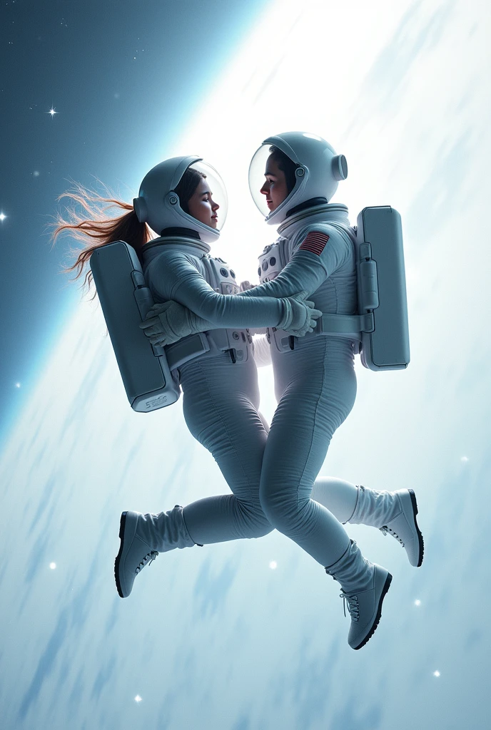 Male & female astronauts lovely moment full  picture logo type. It should be extraordinary & with white background. 