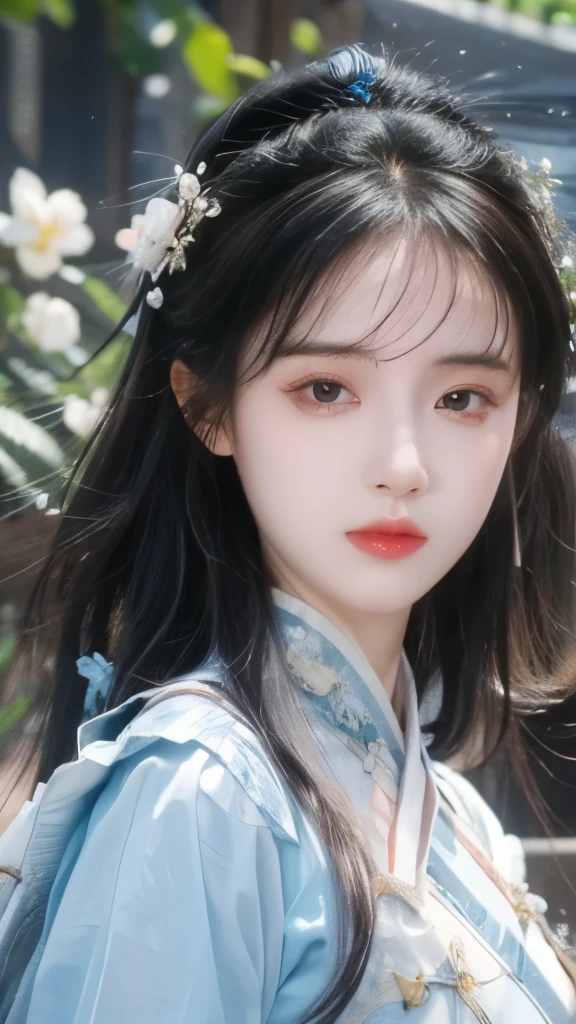 ((masterpiece))), (best quality)), (Extremely detailed), (illustration), (Very Tasty and beautiful), Dynamic, (beautiful), (The Light of Details) 1 girl, Pointy,Long hair, Solitary, Eye, Long legs, barefoot, Jewelry, nature, (Sunlight), (flowering), (portrait: 1.2), hazy, Hanfu,close up
