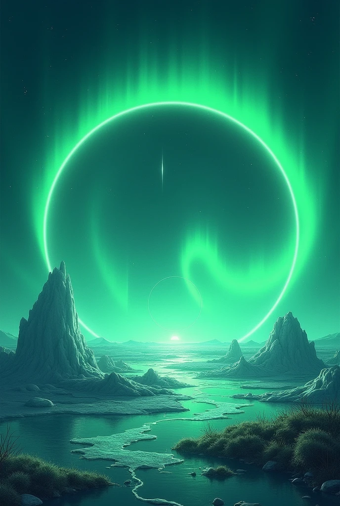 Create a green background with aurora borealis in a circle and ice