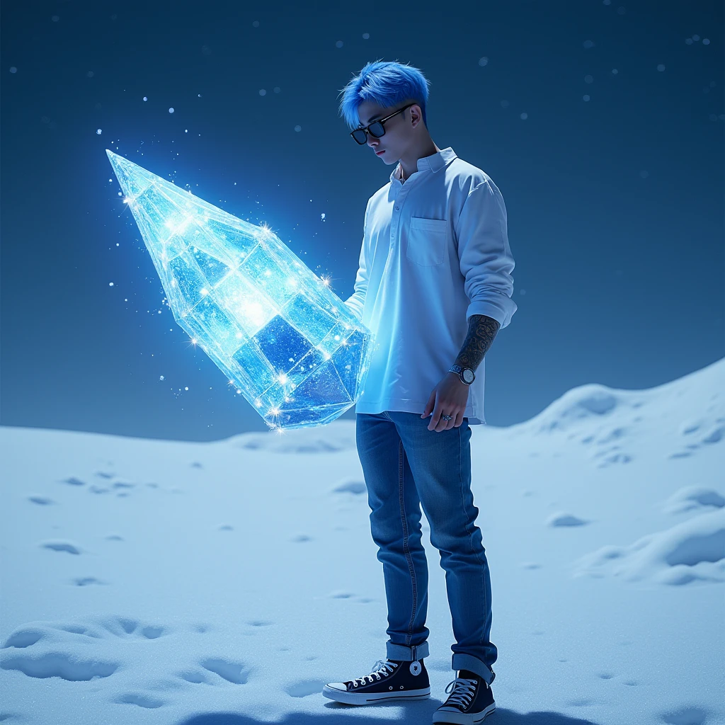 A realistic depiction of humanoid creatures in the world. Japanese  man with bright blue stylish short hair Wear sunglasses with black chrome lenses. Long sleeve white shirt with rolled up sleeves Wolf tattoo on arm, jeans, Converse shoes
Stands holding larger than usual dynamic made of beautiful sparkling crystal. The backdrop is a sea of snow at night with stars twinkling in the sky. UHD 128K.