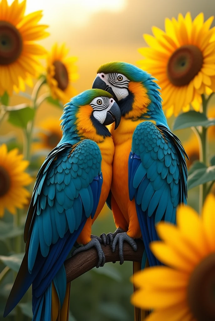 Two Blue-and-yellow Macaws making love with sunflowers around 