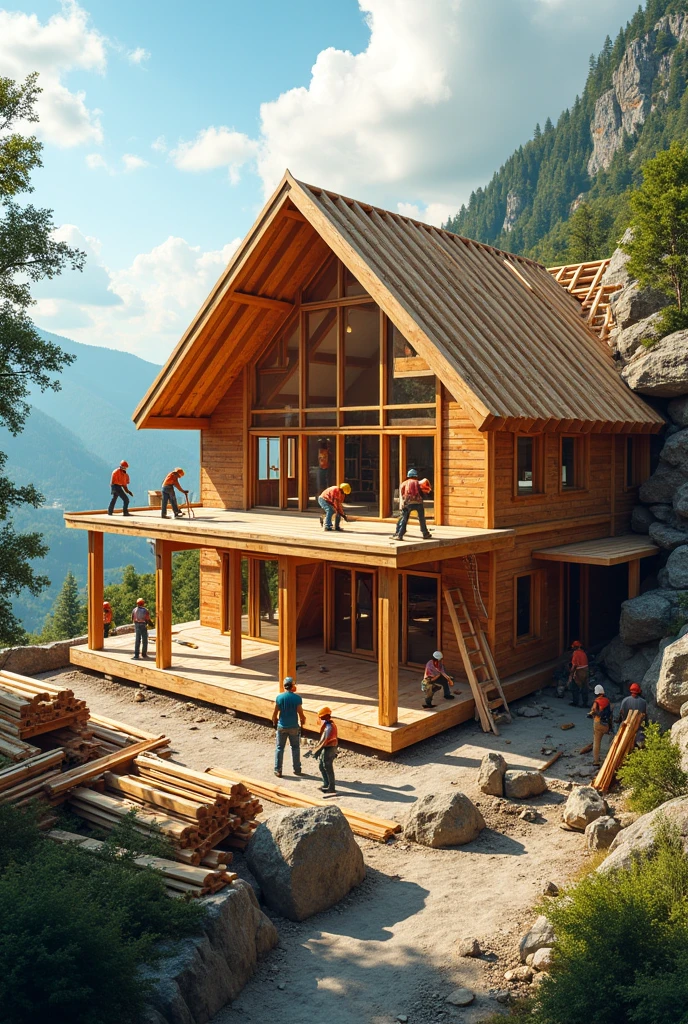 I WANT THE IMAGE TO HAVE PEOPLE WORKING ON A TERRACE CONSTRUCTION BUT FOR A HOUSE AND USE WOOD IN THAT IMAGE. I WANT YOU TO INCLUDE A MOTIVATIONAL PHRASE FOR LABOR DAY FROM PBL CONSTRUCTION LLC