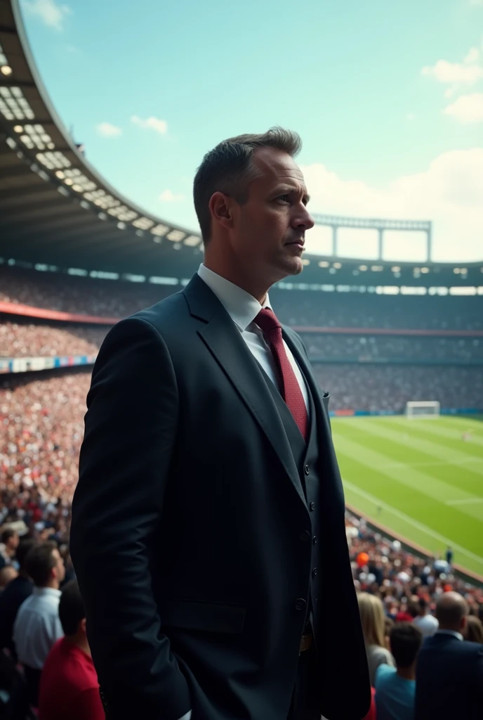 A man in a suit from inside a football stadium