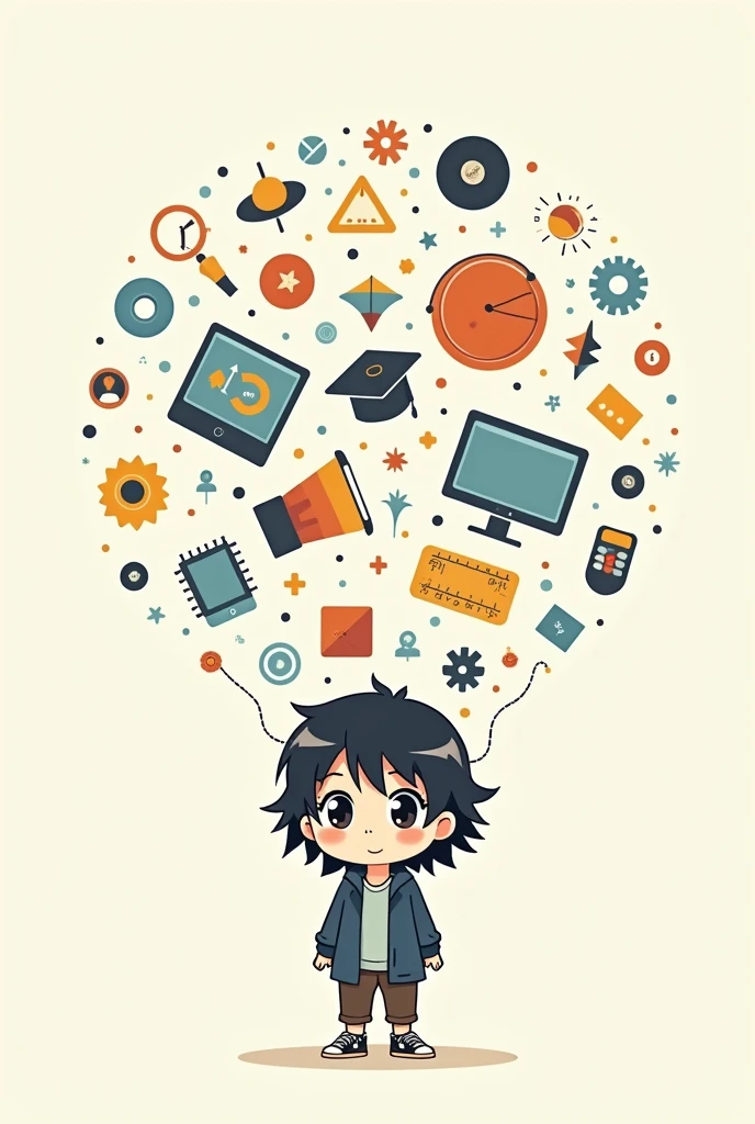 representing the Information Systems Development career anime, chibbi, cute as manga with small representative objects of graphic design in the air 
