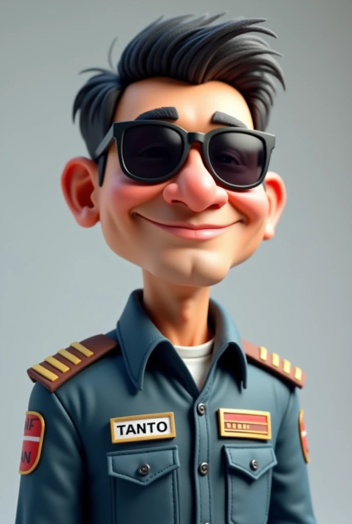 an indonesia man, on his 40, prime ans healthy, calm face, typical family man, wear top gun jet fighter uniform,his name tanto written on left name tag, favourite trans written on right, using sun glasses, big head, 3d, short , portrait. grey background, 3d cartoon, caricature