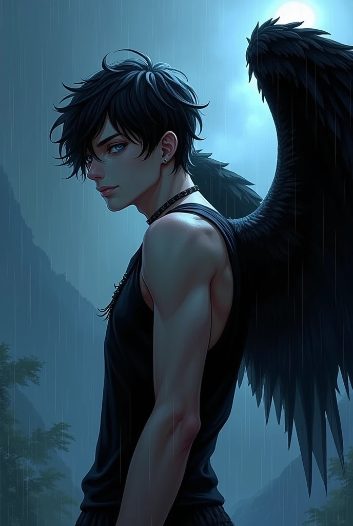 anime style, a fallen angel guy, male fallen angel, cool guy, wild guy, ink paintings, indigo blue and black color, raining, in the evening, ink is dripping, gothic style, fantasy world, wearing black summer clothes, 2 black wings on his scapula, handsome features, beautiful eyes, fearless smile, 2, fantastic, simple background, close up