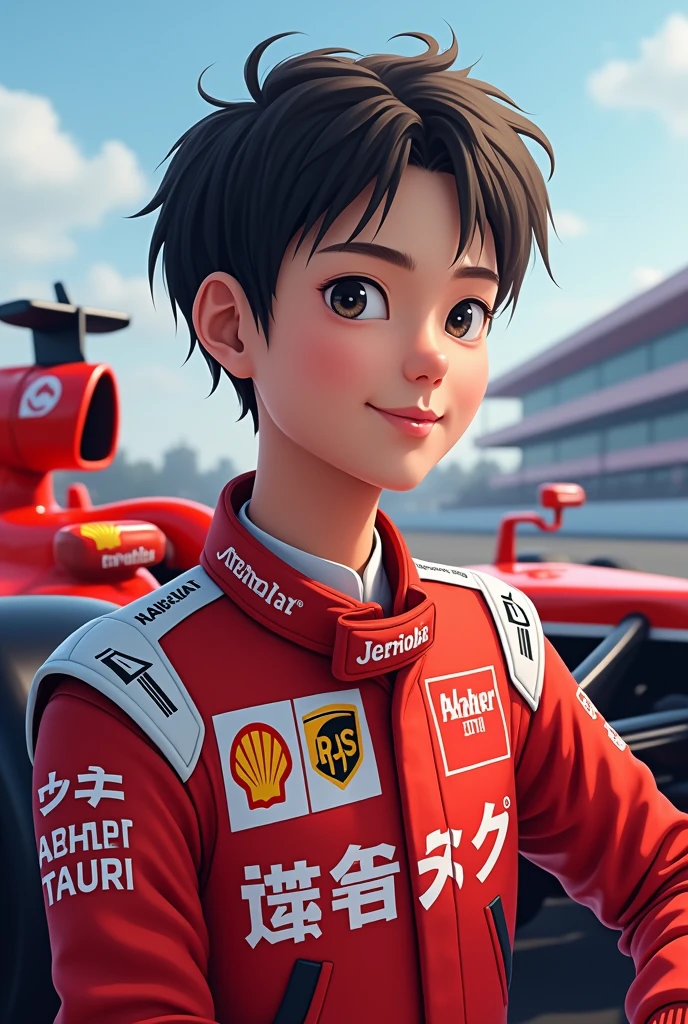 Detailed Background, masterpiece, Highest quality, 8k,uhd,AlphaTauri,F1 drivers,TSUNODA,Tsunoda Yuki,smile