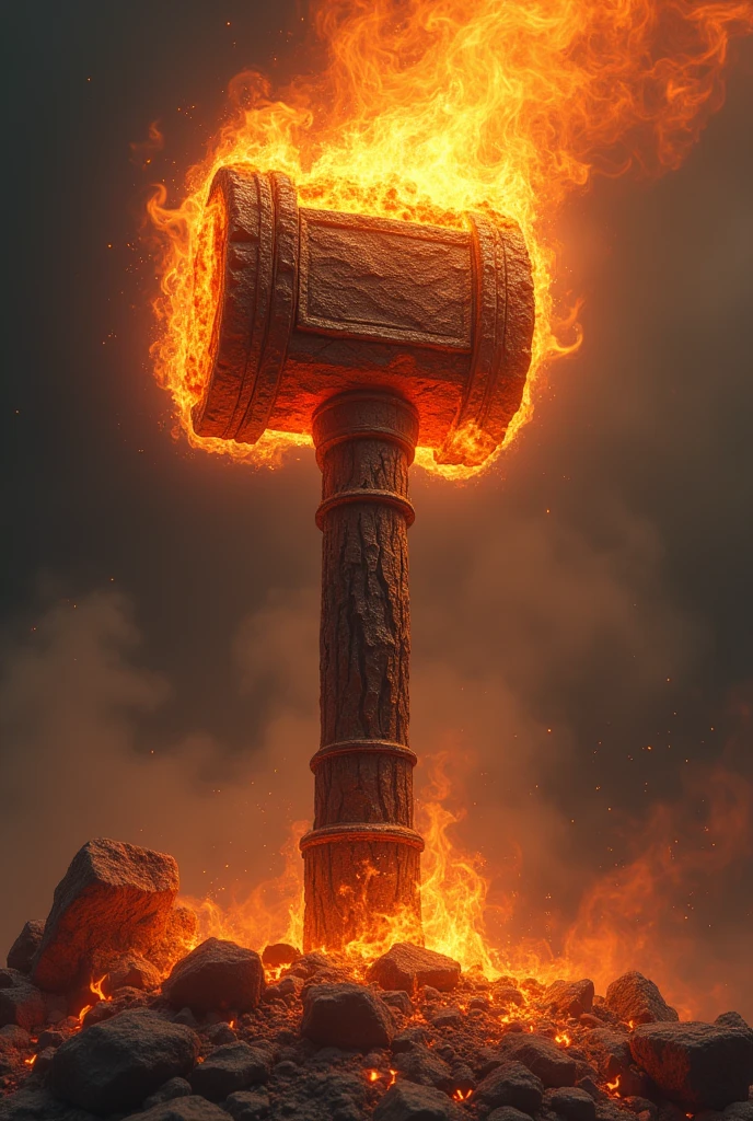 Generate an image of a mighty inferno hammer, with intense heat and flames erupting from the hammerhead, and a thick, blackened handle made of charred wood.