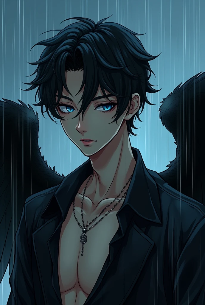 anime style, a fallen angel guy, male fallen angel, cool guy, wild guy, ink paintings, indigo blue and black color, raining, in the evening, ink is dripping, gothic style, fantasy world, wearing black summer clothes, 2 black wings on his scapula, handsome features, beautiful eyes, fearless smile, 2, fantastic, simple background, close up
