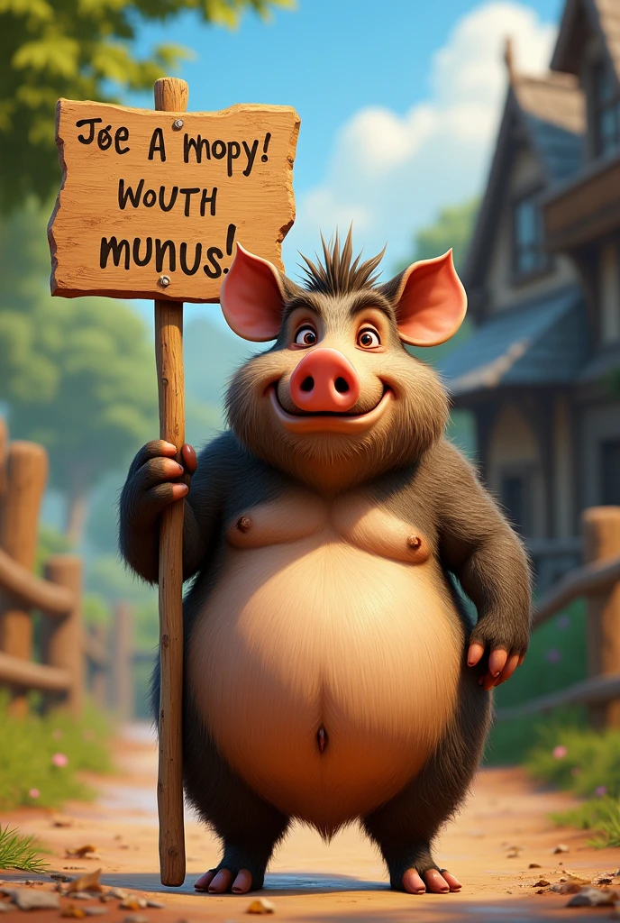 A boar with a sign that says “KEVIN THE ONLY FAT ONE” Disney Pixar style