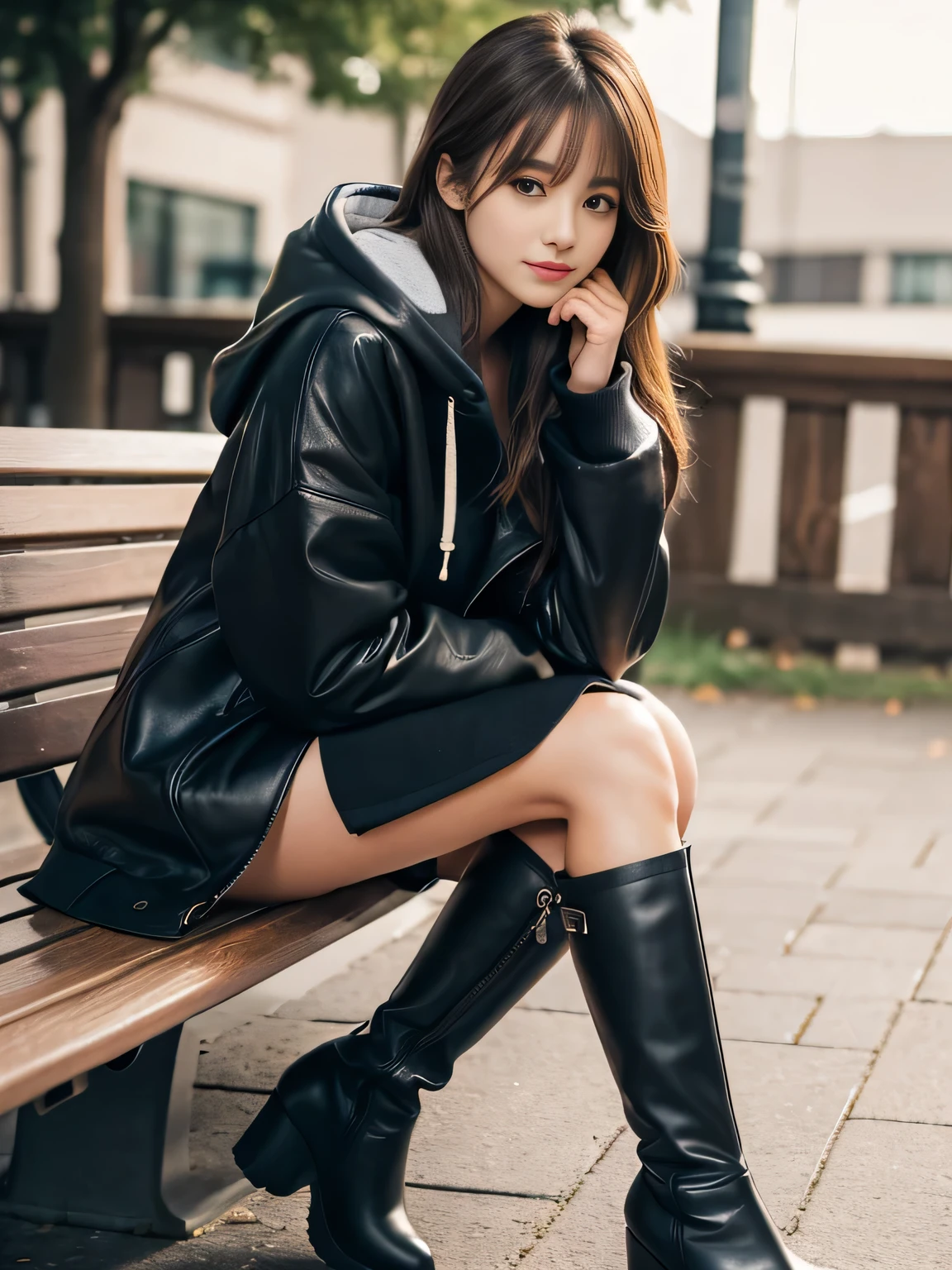 (masterpiece), (best quality, ultra-detailed, hyperdetailed, realistic), sharp features, highly detailed, sharp focus, Realistic, Photorealistic:1.3, perfect face, perfect symmetrically eyes, perfect lips, (no makeup), hyper detailed, hyper realistic, high resolution, Japanese model sitting on a park bench, (Standing posture), Fashion Model, (19yo:1.3), Slender, brown hair, Stylish, Beautiful Face, light brown hair, messy hair, diagonal bangs, (seductive smile), (looking at viewer), cinematic lighting, blurred background, be photographed from the top of one's knees up,
BREAK,
(black boots and a gray coat, wearing an oversized hoodie), (high boots, knee-high boots, over-knee boots, leather boots, platform boots),