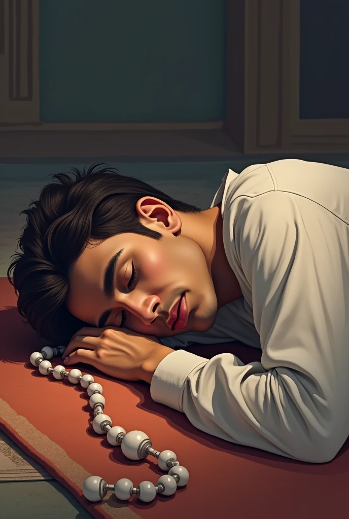 A young man lies asleep on a prayer mat without a pillow while holding prayer beads after reciting dhikr. 