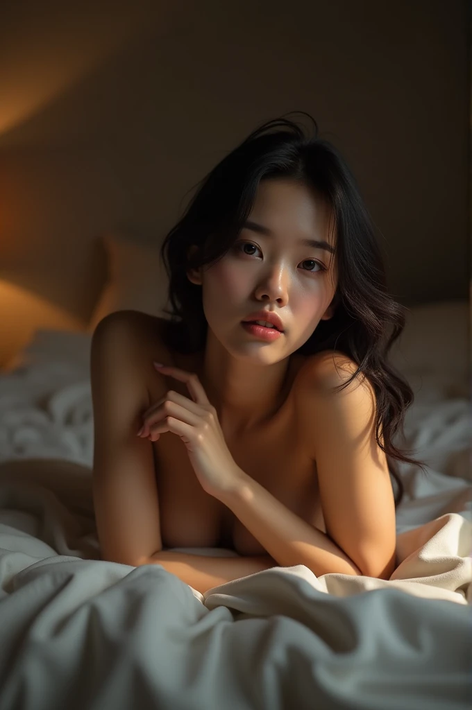 Realistic photo, 25 year old adult Japanese woman, nude, Lie on the bed with your legs spread, Detailed face and body, Natural light, Squint your eyes、High resolution, photoRealistic, (Highest quality,8k,High resolution,masterpiece:1.2),Very detailed,(Realistic,photoRealistic,photo-Realistic:1.37),Realistic skin texture,Fine eyes and lips,A mature face with beautiful details,Long eyelashes,Smooth Skin,Natural body shape、Shiny, chest-length hair、Her skin glows in the bright light of the window、A pose that emphasizes cleavage、Lean the upper body slightly forward、