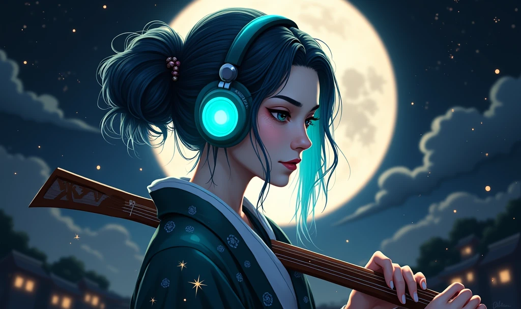 Portrait of a graceful female samurai with makeup in bright turquoise and white, giving her a fresh and lively appearance. Her hair is arranged in a loose bun, adorned with small, decorative beads that sparkle like stars. She is focused on playing a koto, with modern, glowing neon-blue headphones. The backdrop features a serene night landscape with a large, luminous moon and twinkling stars, reflecting a blend of traditional and contemporary elements.
