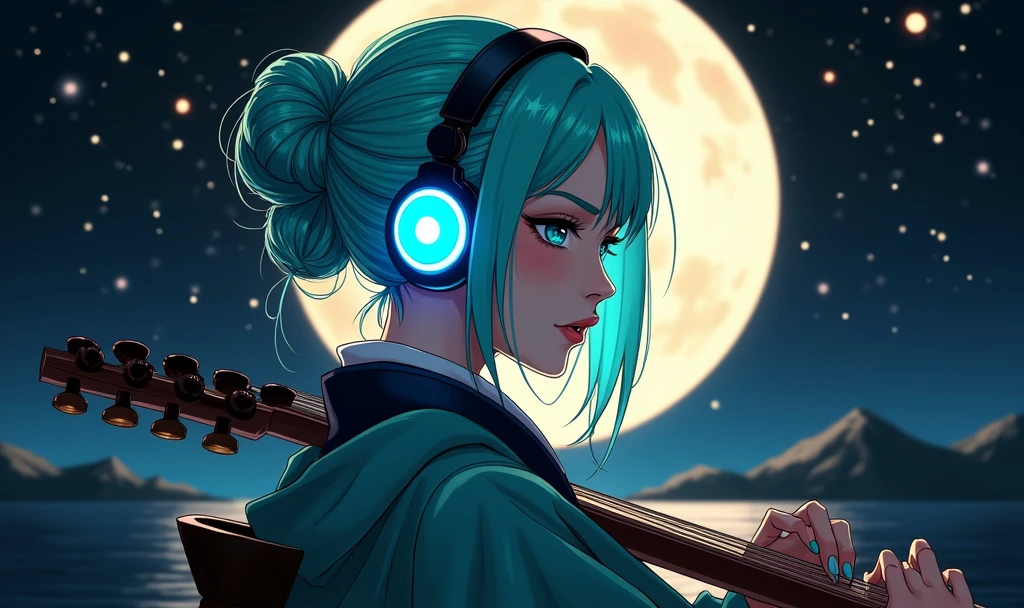 Portrait of a graceful female samurai with makeup in bright turquoise and white, giving her a fresh and lively appearance. Her hair is arranged in a loose bun, adorned with small, decorative beads that sparkle like stars. She is focused on playing a koto, with modern, glowing neon-blue headphones. The backdrop features a serene night landscape with a large, luminous moon and twinkling stars, reflecting a blend of traditional and contemporary elements.