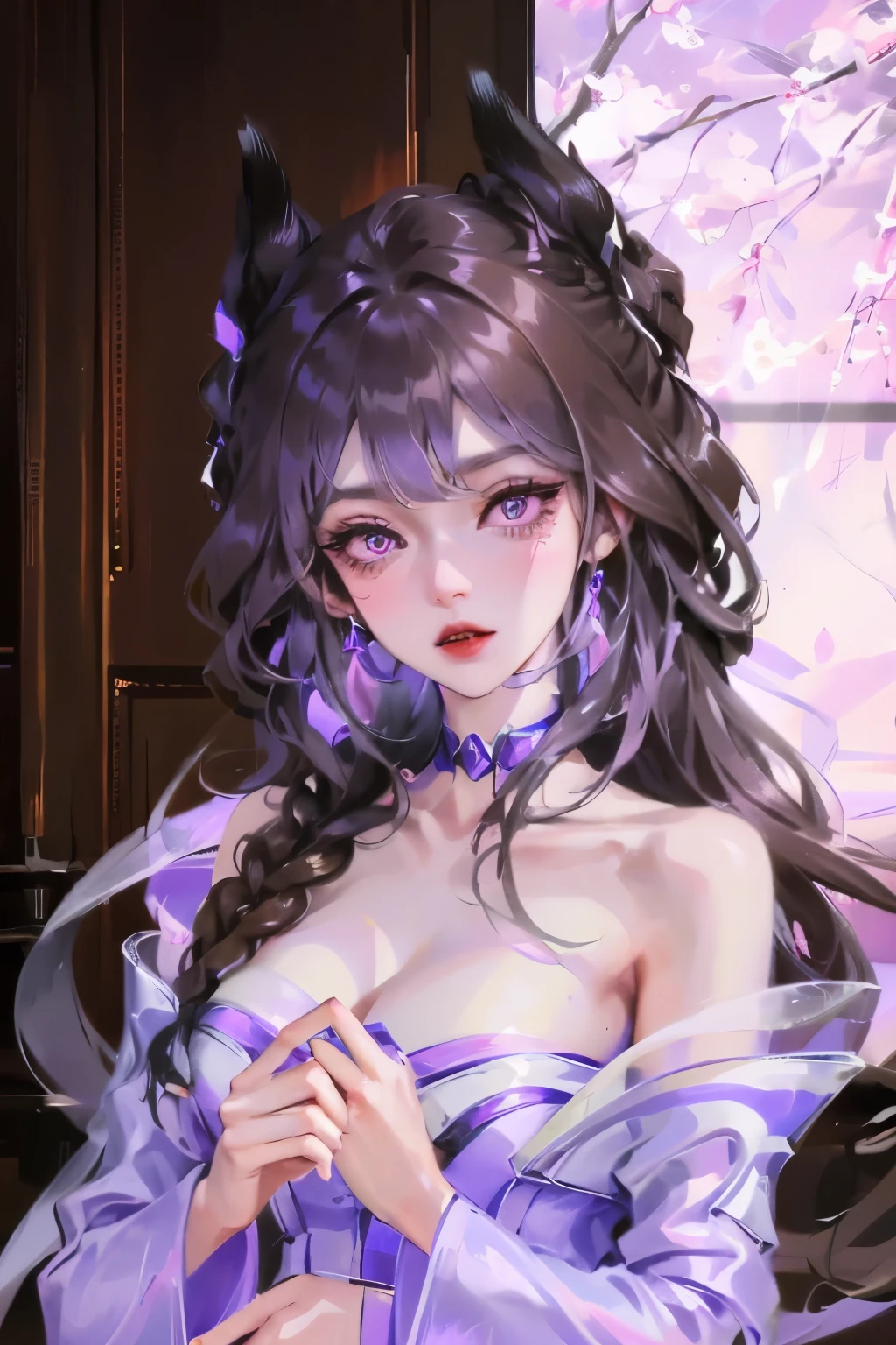 1 Girl, naked, Animal ears, Purple Eyes, brown hair, wing, Solitary, long hair, blush, Cat ears, Flowers, looking at the audience, braid, bow, dress, pink Flowers, bow, Hair accessories, bangs, Cat, Flowering, animal ear hair, Keep, Virtual YouTuber, Blue bow, Keep animal, Cat girl, Plush Toys