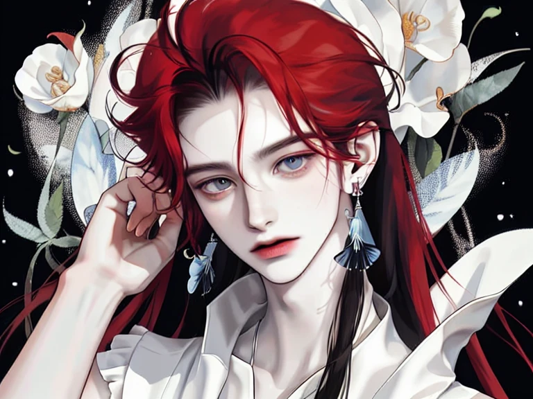 masterpiece, Male focus, 1 boy, solitary, Red Hair, Tassel Earrings,Gorgeous earrings, black background, blue eyes, Long hair, Vulnerabilities, Butterfly, 上Half Body, Five pearly roses,Personal,The eyes are drawn with incredible detail.,Solitary,Close-up of moonlight,chiffon,Gorgeous clothes,masterpiece,Epic Works,Clean background,Flowing sleeves,Half Body