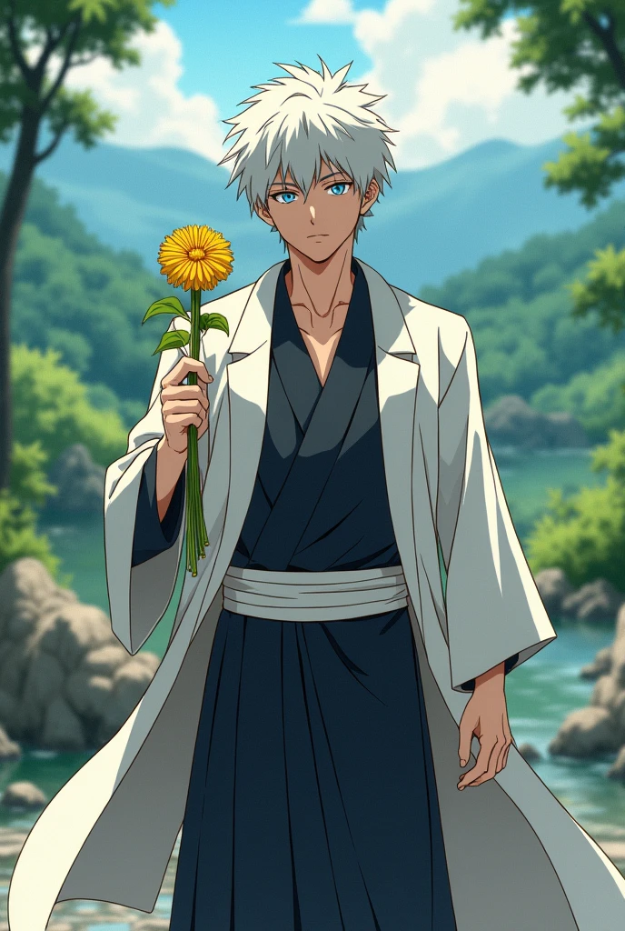 Gojo Satoru's jujutsu kaisen in anime classics, with a yellow flower in his hand