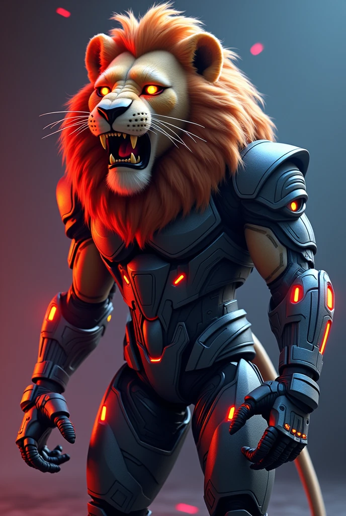 A animated dangerous lion wearing robot dressfit with face of salman khan with neon white and red color