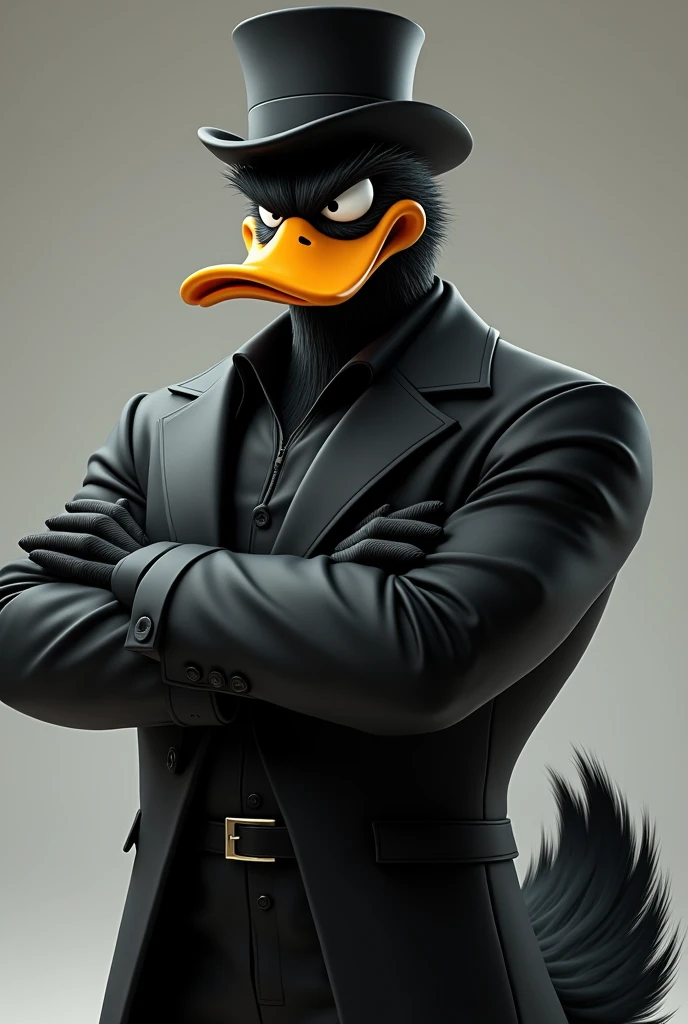 adult, pumped up donald duck with an attentive aggressive look, In a black jacket, feather color black, in a top hat. Smart face emotion, arms crossed over his chest
