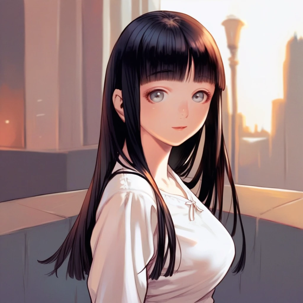 score_9, score_8_up, score_7_up, score_6_up, score_5_up, score_4_up, best aesthetic,high quality, 1girl, sexy, Range Murata, pale-skin, big breasts, city background, black hair, hime cut, grey eyes, standing, white shirt, depth of field, focal blur,