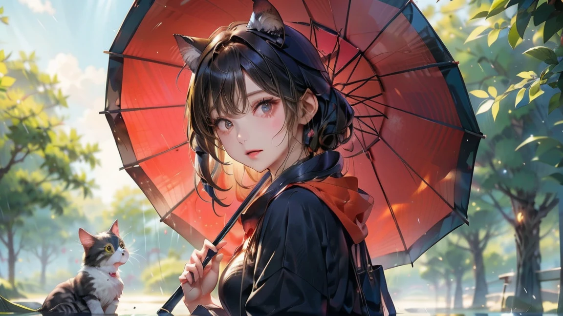 白いブラウスに黒いズボンを着た女性とCat　Cat　黒と白の可愛いCat　Holding a red umbrella in the park　it&#39;s raining　雨が降る公園で女性とCatが同じ傘の下で雨をしのいでいる　Watercolor art　Catと一緒に雨宿りをする女性