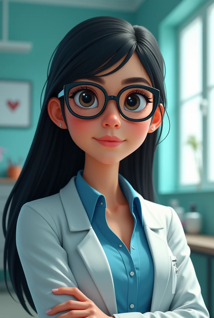 Hospital nutritionist, Bullish, dark and straight hair, of prescription glasses, disney pixar