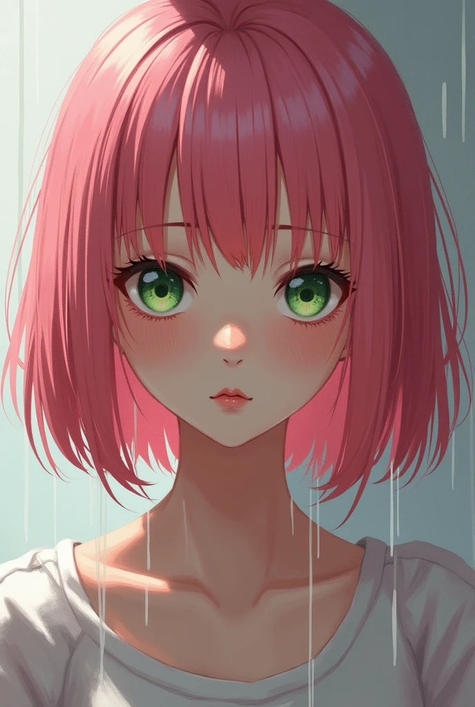 One girl, bangs, Green Eyes, parted bangs, Pink Hair, alone, Upper Body ((masterpiece)) My face was wet,