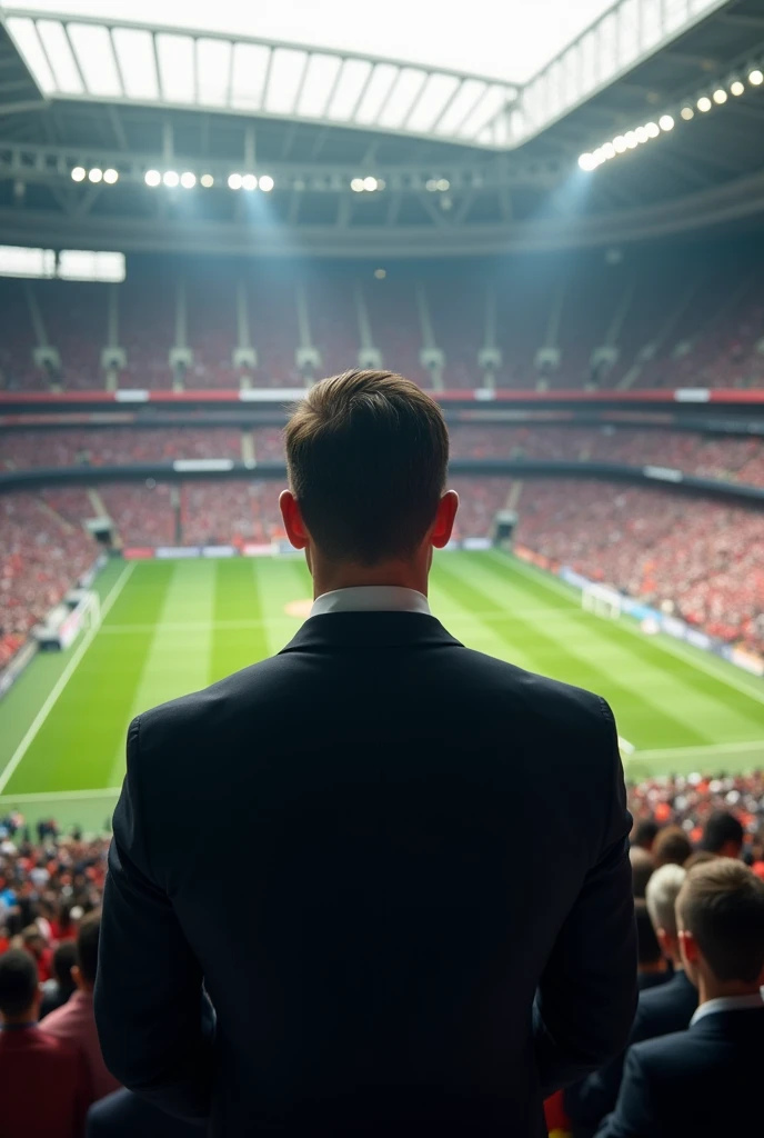 A man in a suit from inside a football stadium