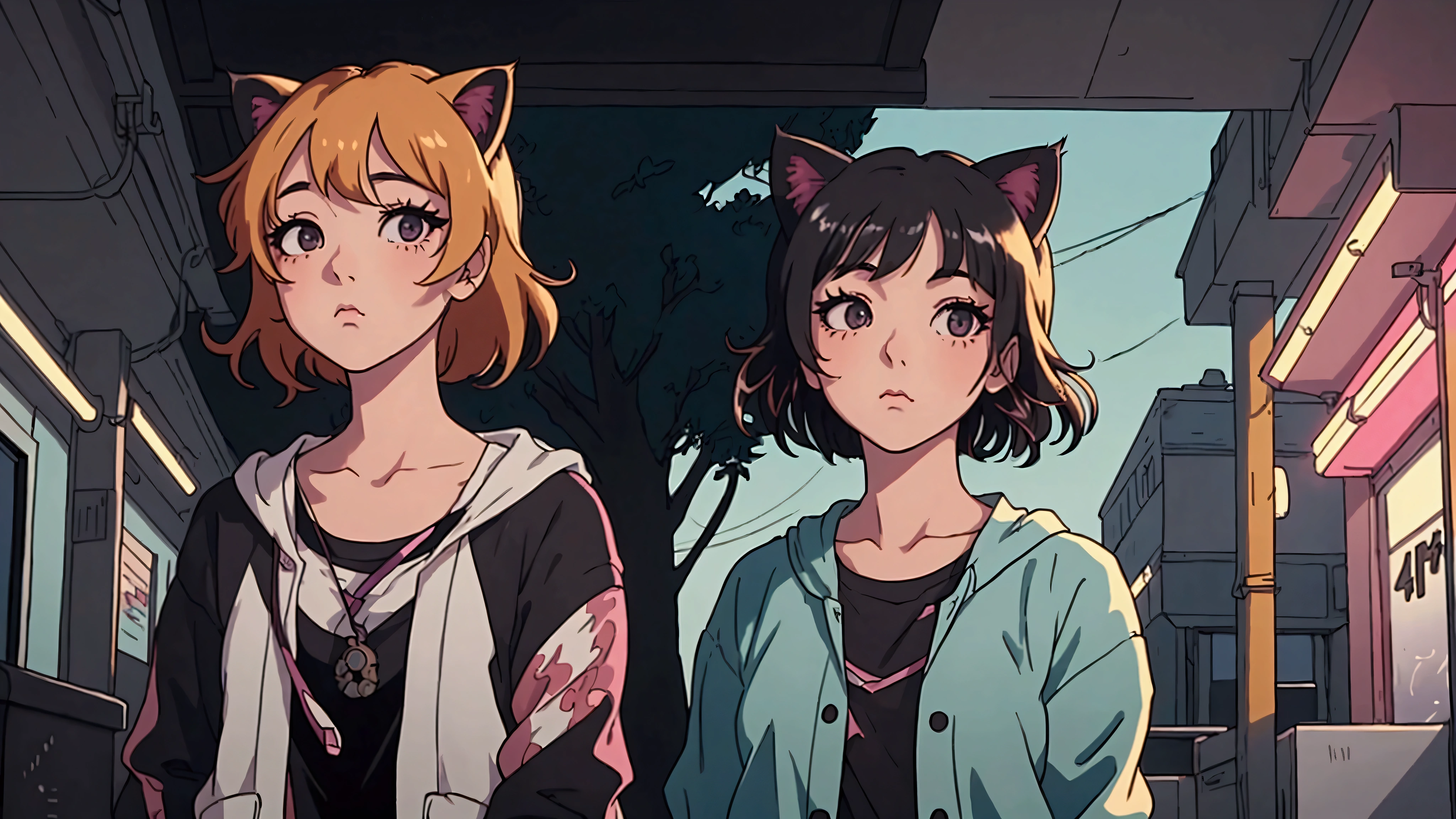A girl with short black hair and cat ears, alone, reflecting an 80s and 90s anime aesthetic, mixed with a touch of Fujifilm aesthetics. The girl has beautiful eyes, and the entire composition is in 4K, capturing the lofi aesthetic with a soft and tranquil atmosphere.