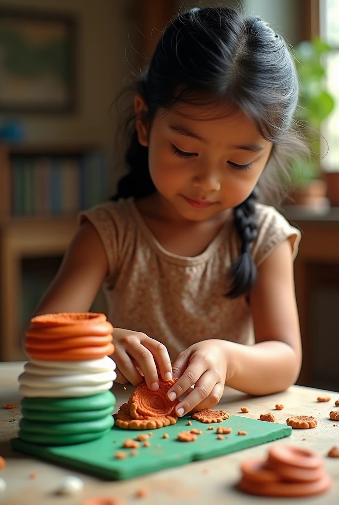 Create Indian flag with molded clay make by Indian girl for YouTube thumbnail in landscape format