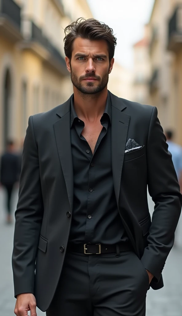 (photorealism:1.2),  a handsome man in his late 20s with a rugged yet well-groomed appearance. He has short, tousled dark hair and a full beard with a slightly lighter tone. His eyes are bright green, with a piercing and intense gaze. The man is wearing an elegant suit and is walking through the streets of Madrid. that reveals a strong build and tan skin. The background is simple and neutral, highlighting his facial features and expression. The lighting is soft, emphasizing his chiseled jawline and subtle facial shadows, creating a natural and confident look.