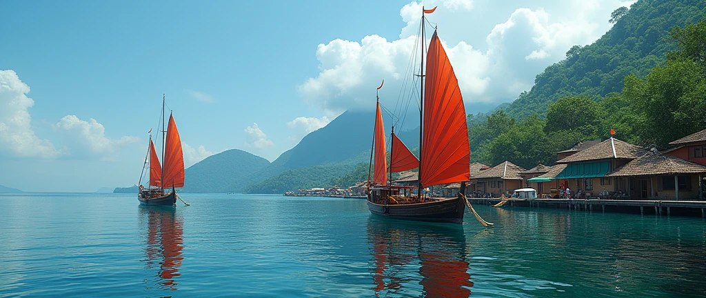 Village from ancient Ternate island, Maluku, Indonesia, beside a ocean and Ternate mountain, there is no peoples, kora-kora ships, flag on top of the ships, hyper realistic, masterpiece, best quality, ultra-detailed, UHD, 64K