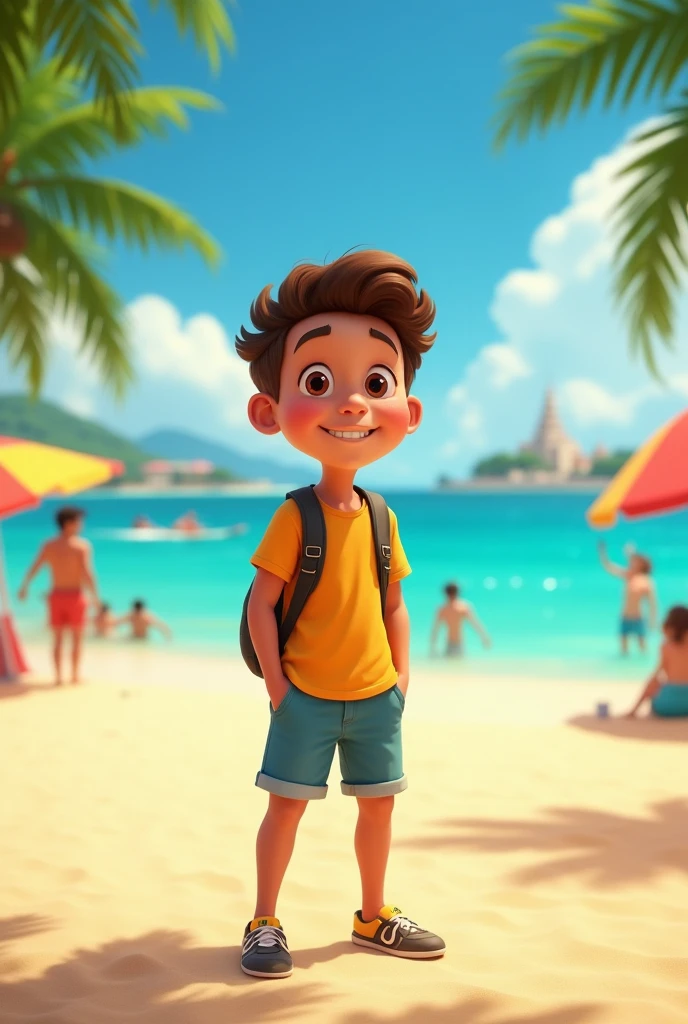 Animated representation of a light-skinned male teenager standing happily on a beach in Cartagena